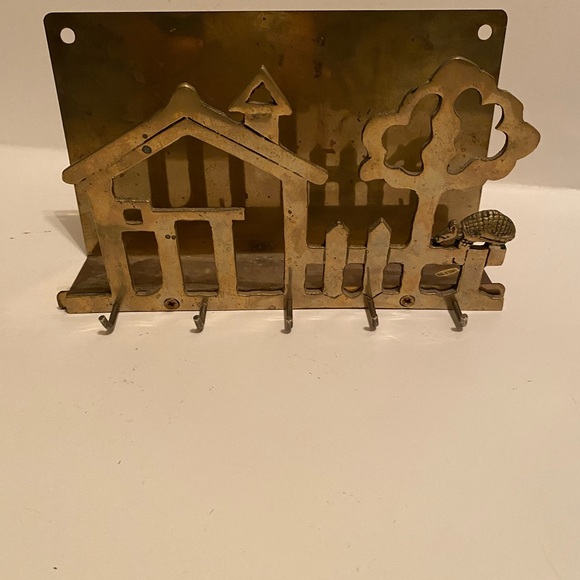 Vtg Brass House Shaped Key Hooks Wall Hanging & Mail Holder - Picture 2 of 4